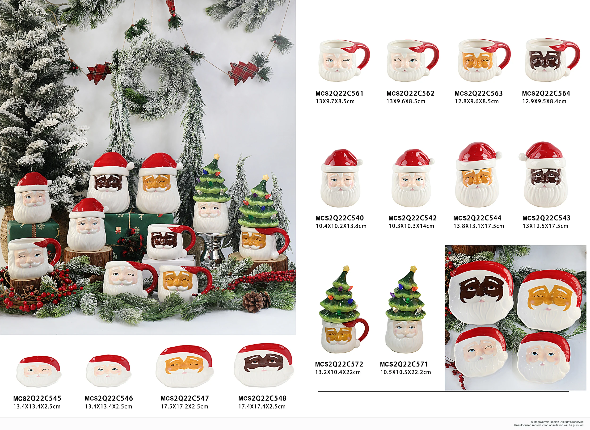 Santa and snowman mugs and containers in a complete MX33 Christmas collection display