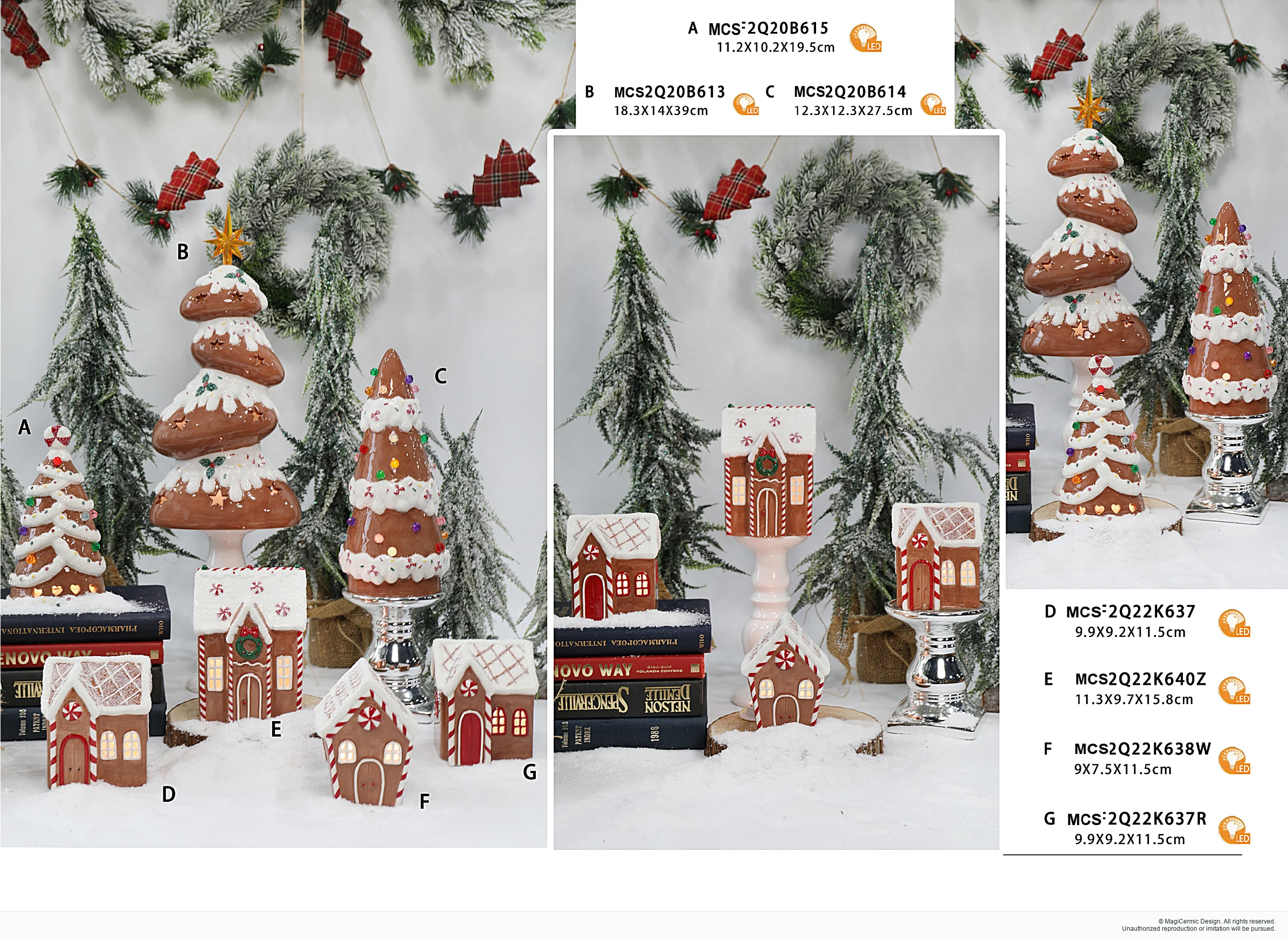 Brown house and decorative tree forms in a complete MX33 Christmas collection display