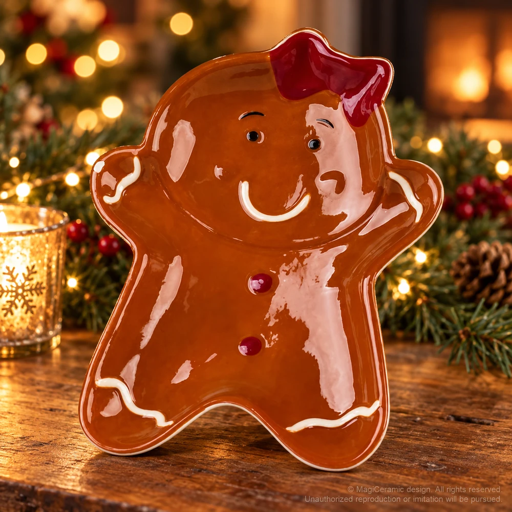 Christmas styling scene featuring Gingerbread dish with red bow