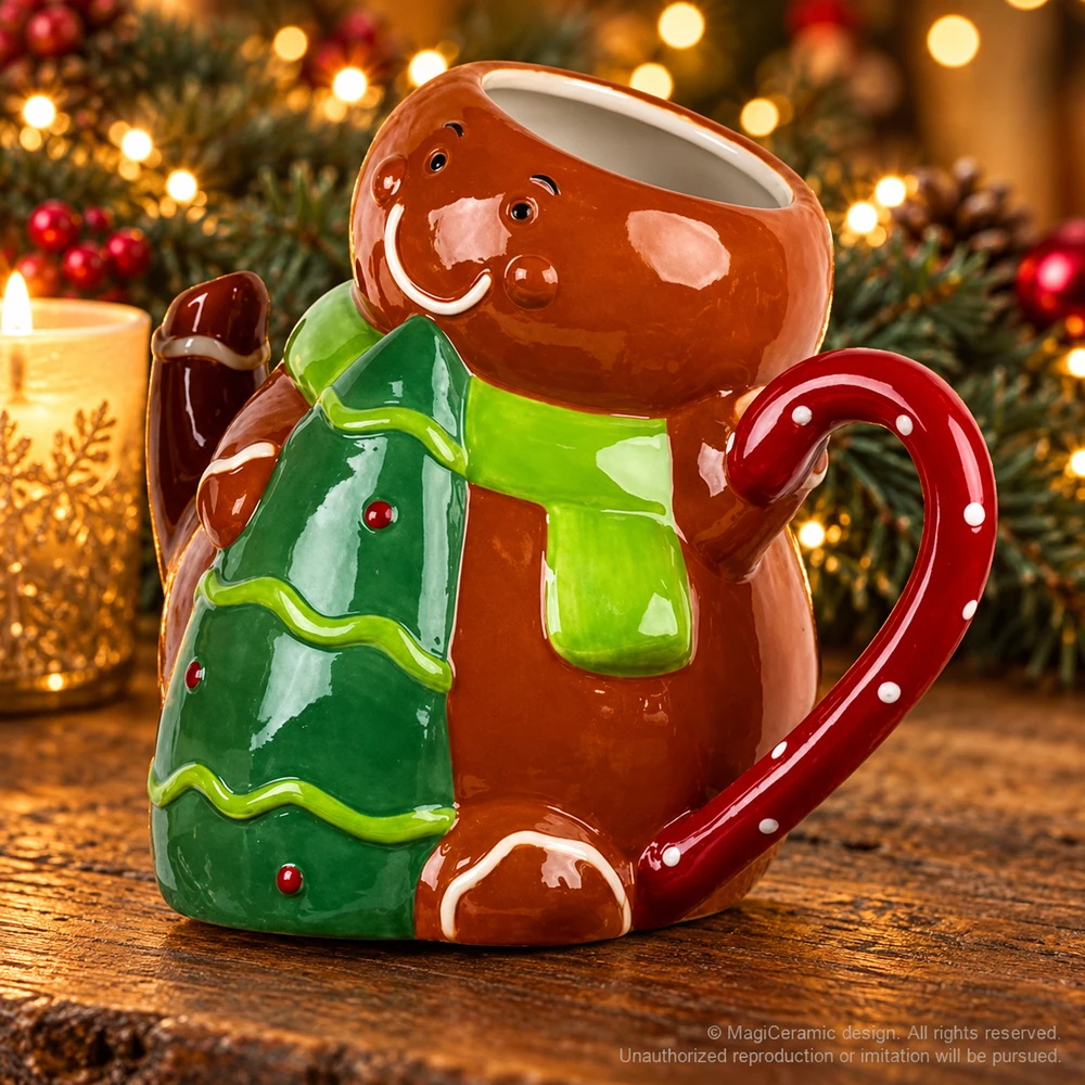 Christmas styling scene featuring Leaning gingerbread mug with green scarf