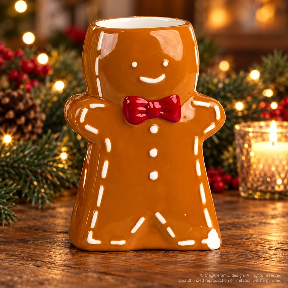 Christmas styling scene featuring Tall gingerbread form with red bow