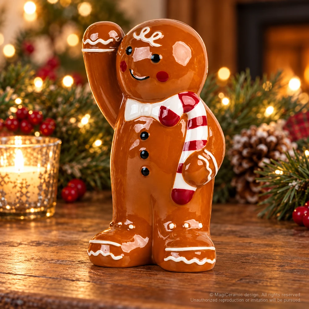 Christmas styling scene featuring Waving gingerbread figure