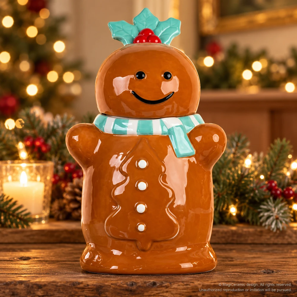 Christmas styling scene featuring Tall gingerbread figure with mint scarf