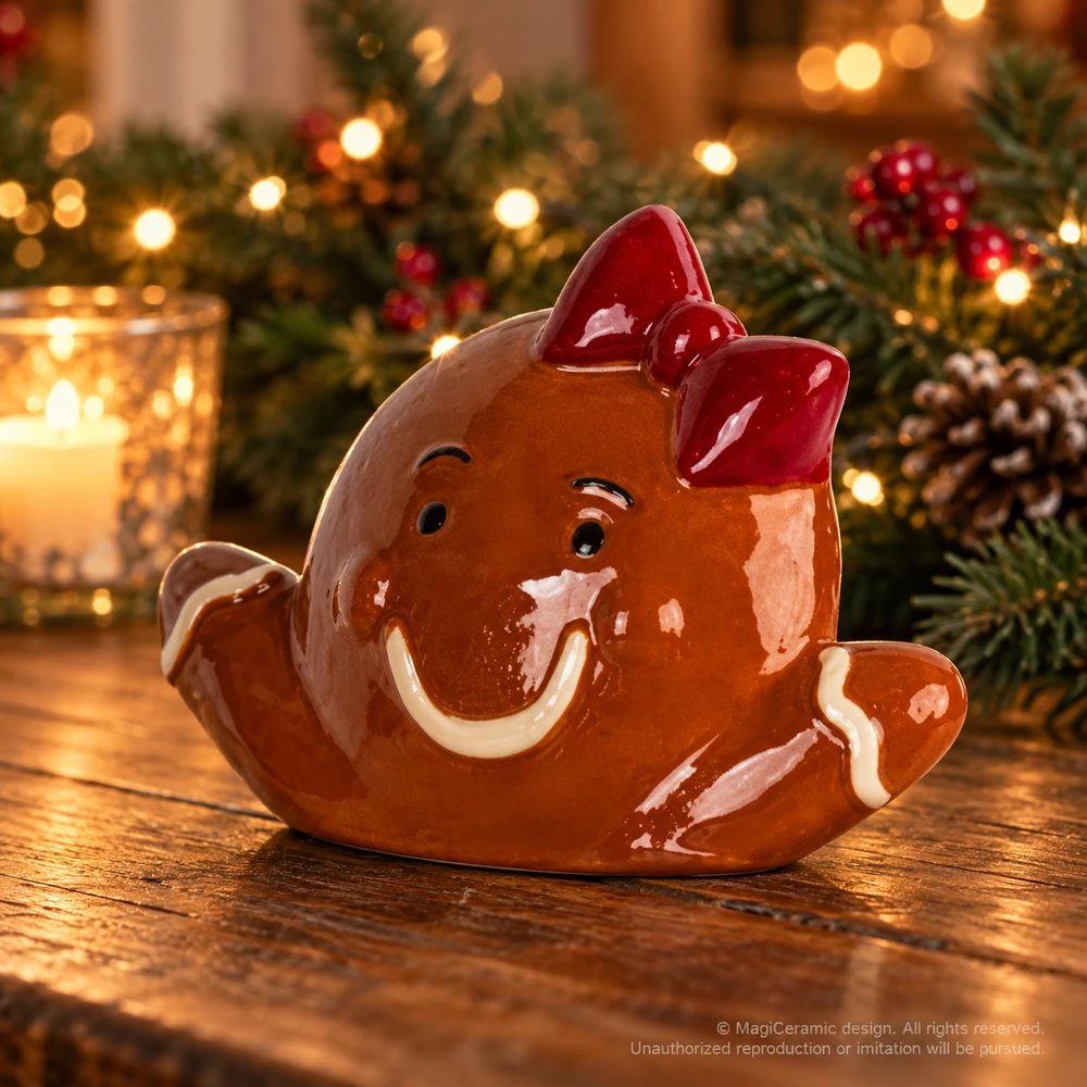 Christmas styling scene featuring Gingerbread head with red bow