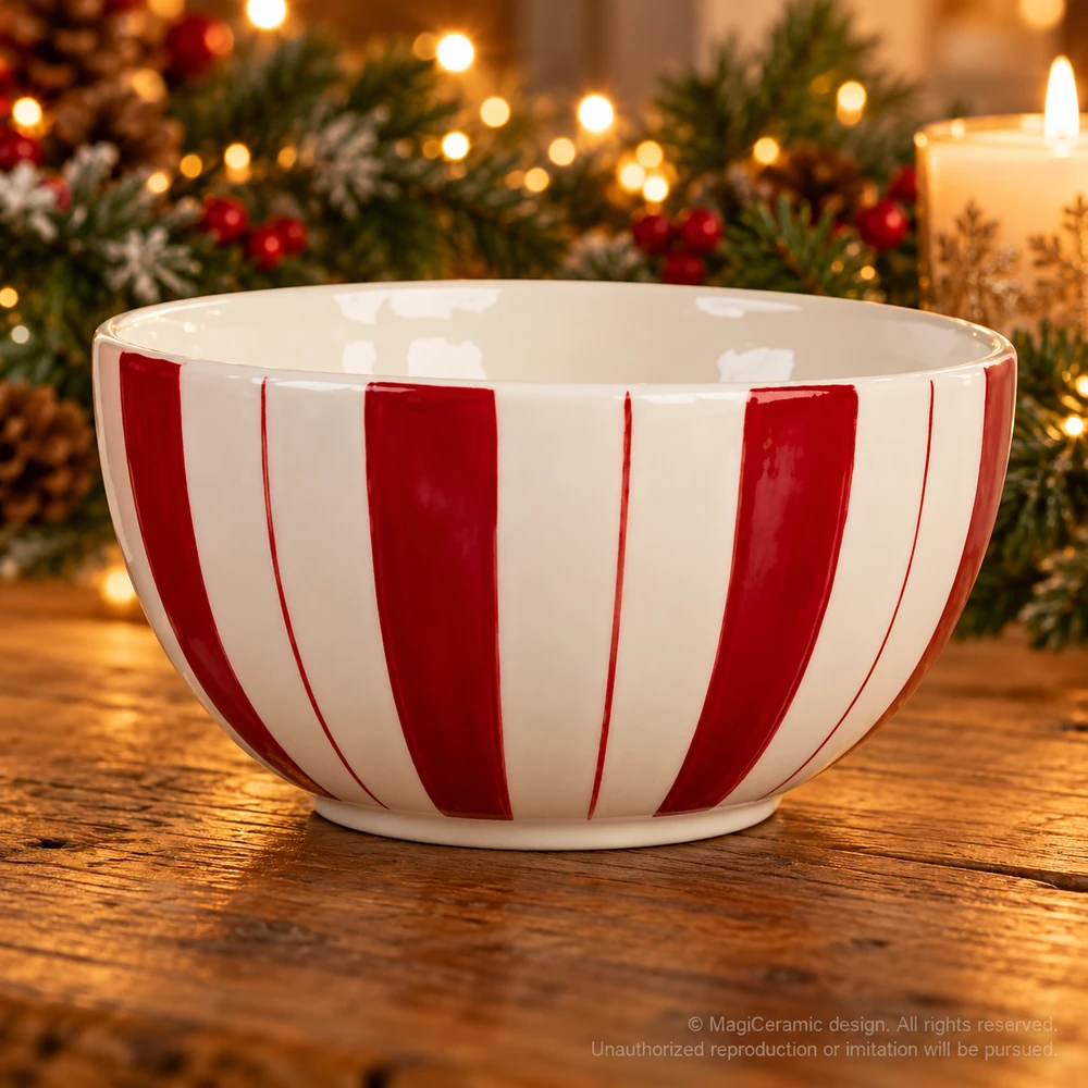 Christmas styling scene featuring White bowl with red stripes