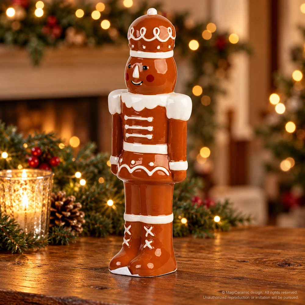 Christmas styling scene featuring Tall gingerbread nutcracker form