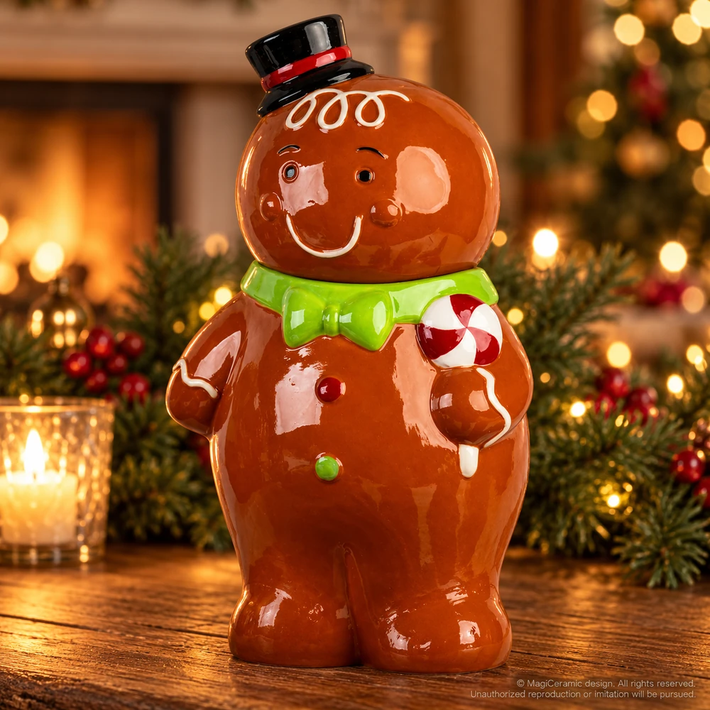 Christmas styling scene featuring Tall gingerbread figure with black hat