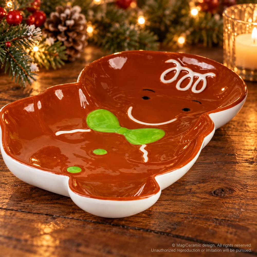 Christmas styling scene featuring Gingerbread dish with green bow at front