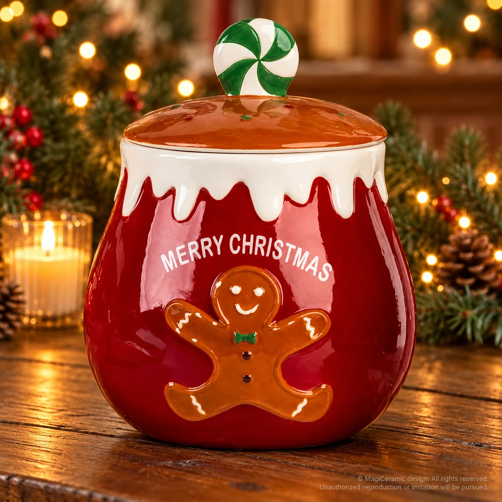 Christmas styling scene featuring Red Merry Christmas gingerbread jar