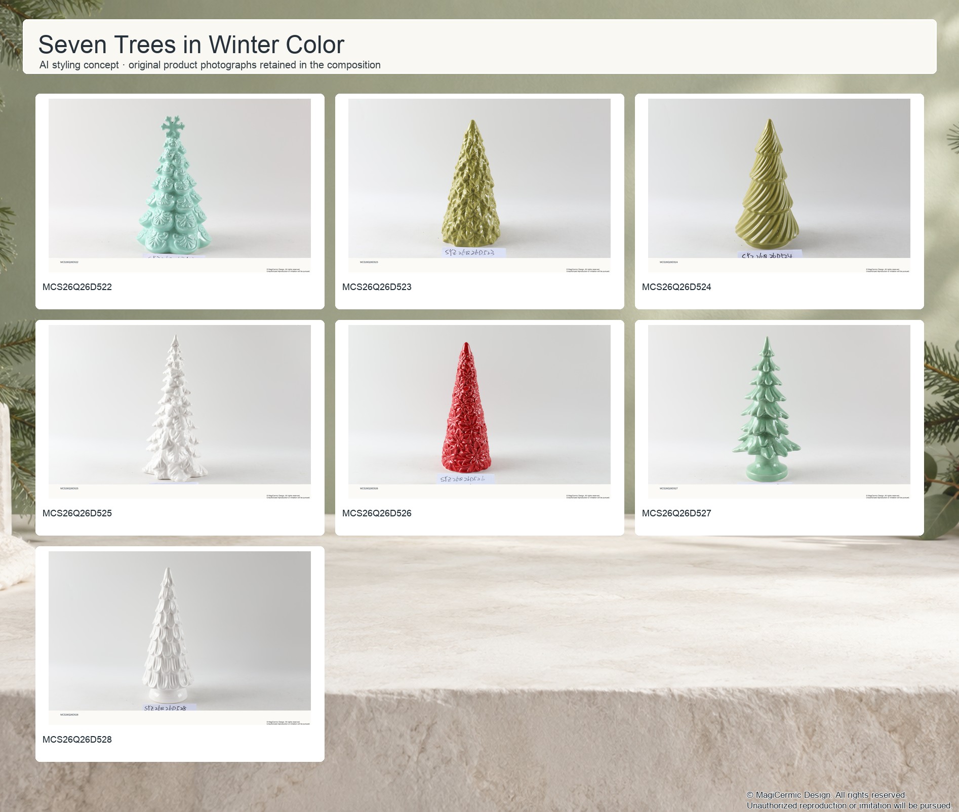 AI styling concept for MCX36 Seven Trees in Winter Color with original product photographs