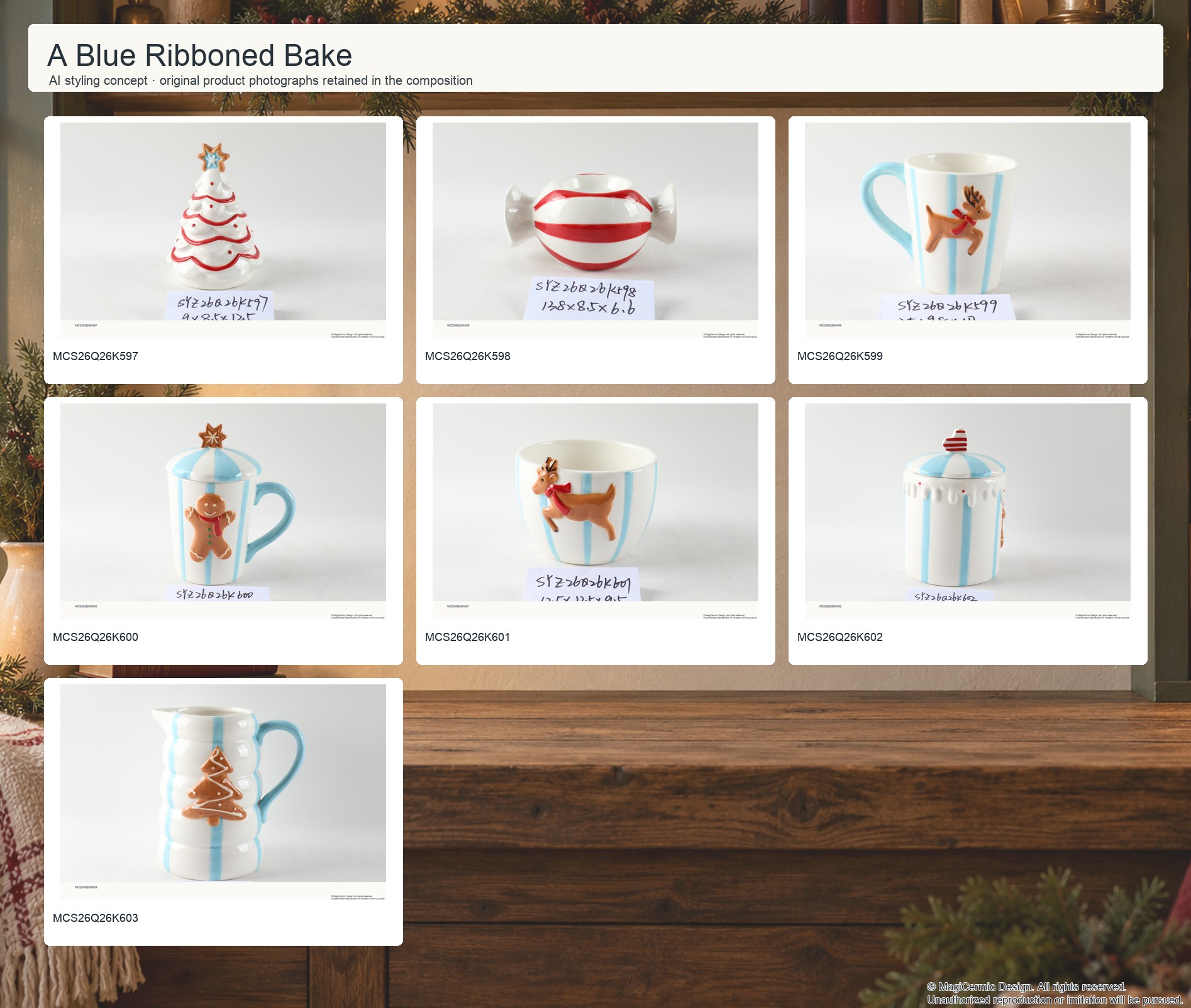 AI styling concept for MCX36 A Blue Ribboned Bake with original product photographs
