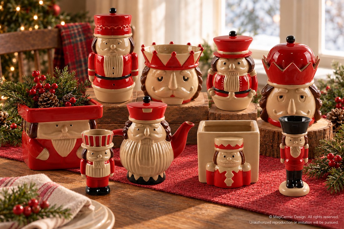 AI styling concept for The Nutcracker's Table. Original product photographs below are the detail reference.