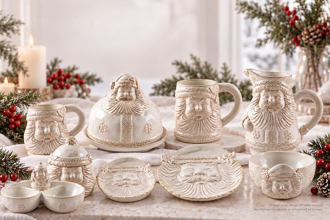 AI styling concept for Santa, Sculpted in Winter White. Original product photographs below are the detail reference.