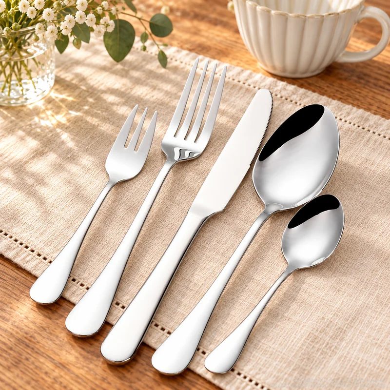 MCF-1010 flatware in an table-setting scene with MGB7068 ceramic tableware