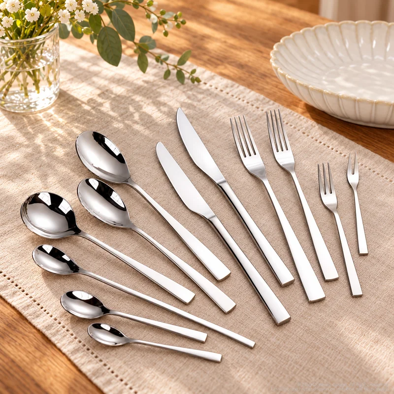 MCF-1028 flatware in an table-setting scene with MGB5786L ceramic tableware