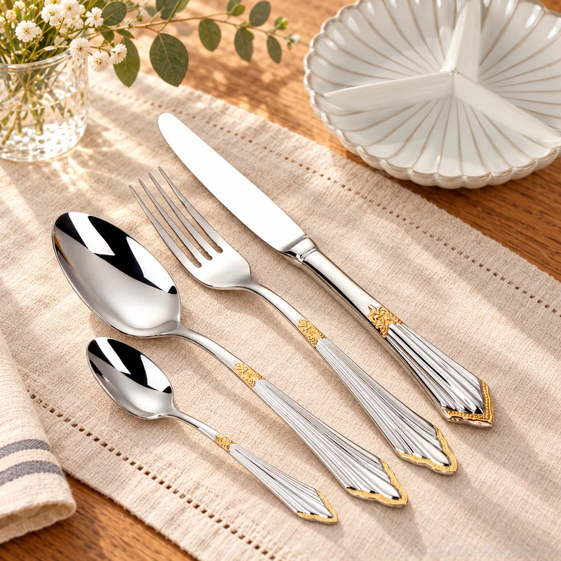 MCF-1085 flatware in an table-setting scene with MGB7073 ceramic tableware