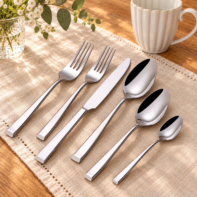 MCF-1122 flatware in an table-setting scene with MGB5812 ceramic tableware