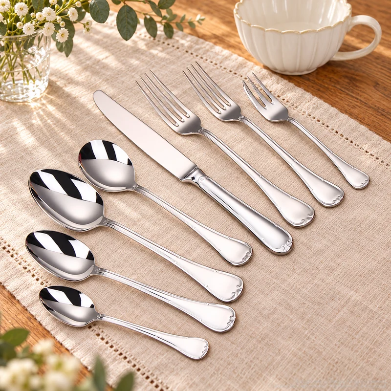 MCF-1126 flatware in an table-setting scene with MGB5833 ceramic tableware