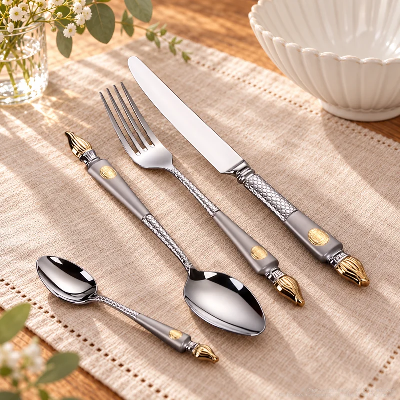 MCF-1136 flatware in an table-setting scene with MGB5803 ceramic tableware
