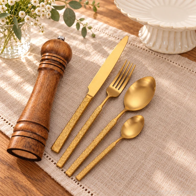 MCF-1139 flatware in an table-setting scene with MGB5827F ceramic tableware