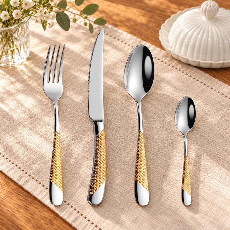 MCF-2406 flatware in an table-setting scene with MGB5814 ceramic tableware