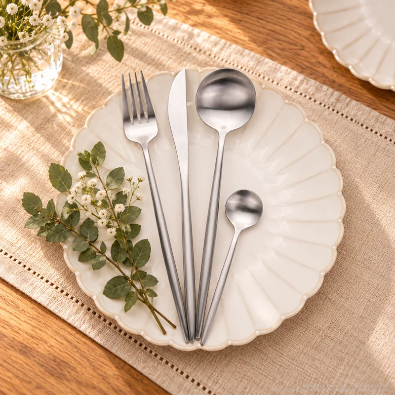 MCF-4128 flatware in an table-setting scene with MGB5786 ceramic tableware