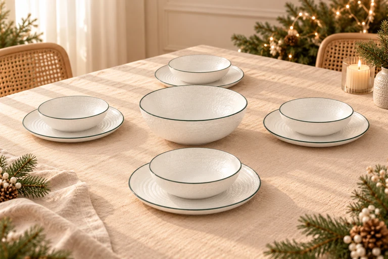 Styling concept: Green-rim dining set in a beige festive dining setting.