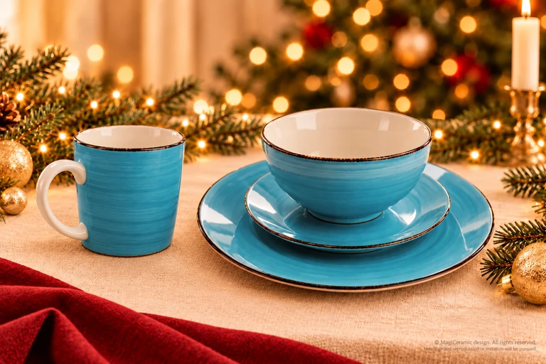 Styling concept: Turquoise dining set with the upright mug beside the bowl and its complete handle clearly separated from the tableware.