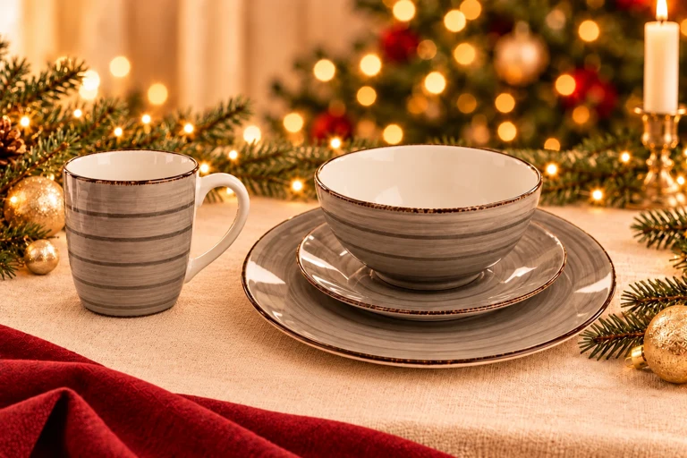 Styling concept: Warm grey striped dining set with the upright mug beside the bowl and its complete handle clearly separated from the tableware.