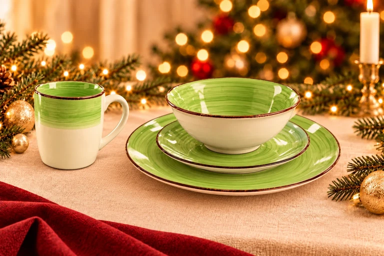 Styling concept: Lime & ivory dining set with the upright mug beside the bowl and its complete handle clearly separated from the tableware.