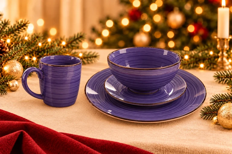 Styling concept: Violet concentric dining set with the upright mug beside the bowl and its complete handle clearly separated from the tableware.
