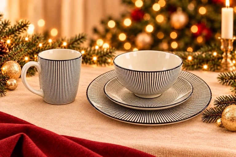Styling concept: Fine radial dining set with the upright mug beside the bowl and its complete handle clearly separated from the tableware.