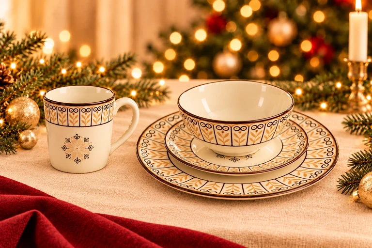 Styling concept: Ivory geometric dining set with the upright mug beside the bowl and its complete handle clearly separated from the tableware.