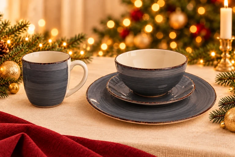 Styling concept: Charcoal dining set with the upright mug beside the bowl and its complete handle clearly separated from the tableware.