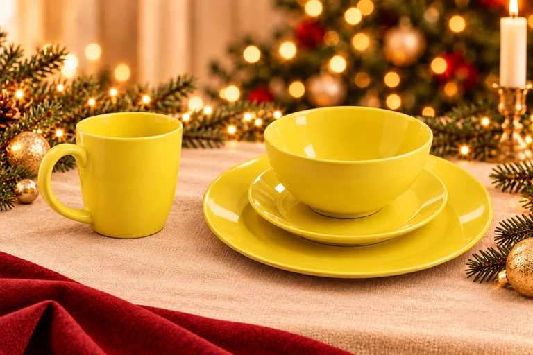 Styling concept: Sunshine yellow dining set with the upright mug beside the bowl and its complete handle clearly separated from the tableware.