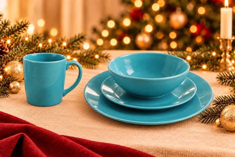 Styling concept: Ocean turquoise dining set with the upright mug beside the bowl and its complete handle clearly separated from the tableware.