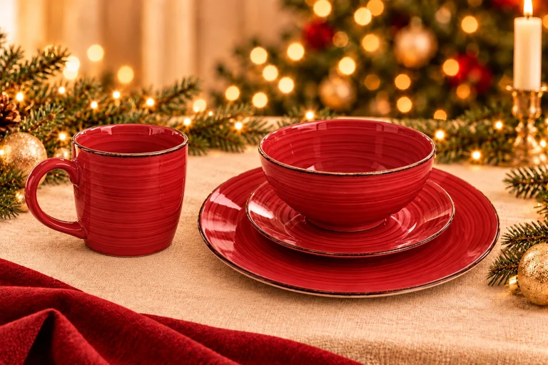 Styling concept: Cherry red concentric dining set with the upright mug beside the bowl and its complete handle clearly separated from the tableware.