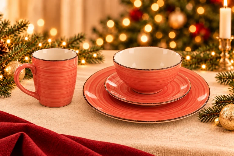Styling concept: Coral concentric dining set with the upright mug beside the bowl and its complete handle clearly separated from the tableware.