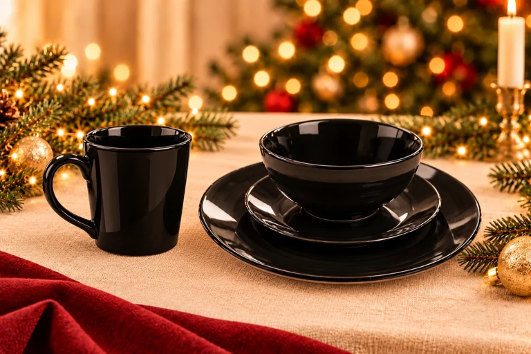 Styling concept: Gloss black dining set with the upright mug beside the bowl and its complete handle clearly separated from the tableware.