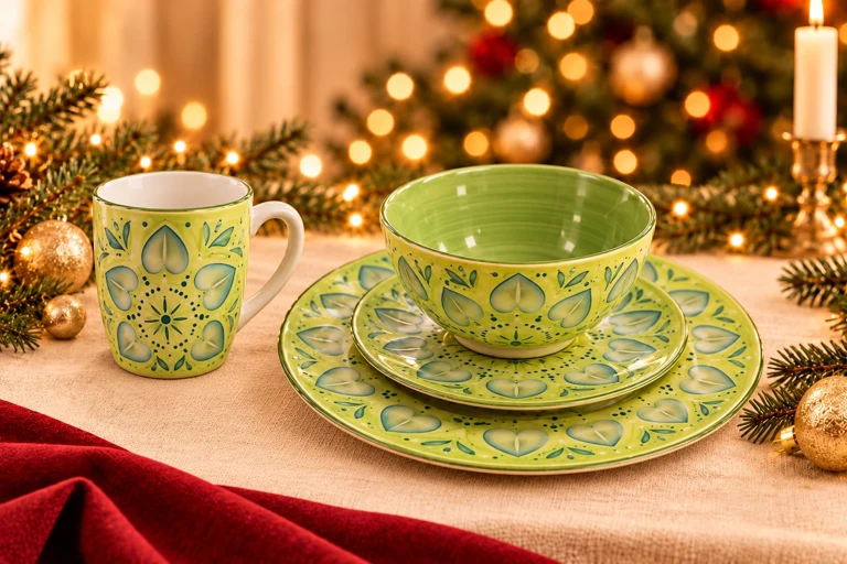 Styling concept: Lime leaf dining set with the upright mug beside the bowl and its complete handle clearly separated from the tableware.