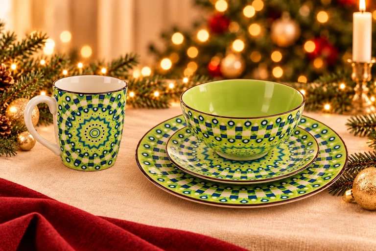 Styling concept: Lime mosaic dining set with the upright mug beside the bowl and its complete handle clearly separated from the tableware.