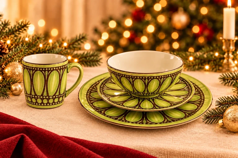 Styling concept: Olive petal dining set with the upright mug beside the bowl and its complete handle clearly separated from the tableware.