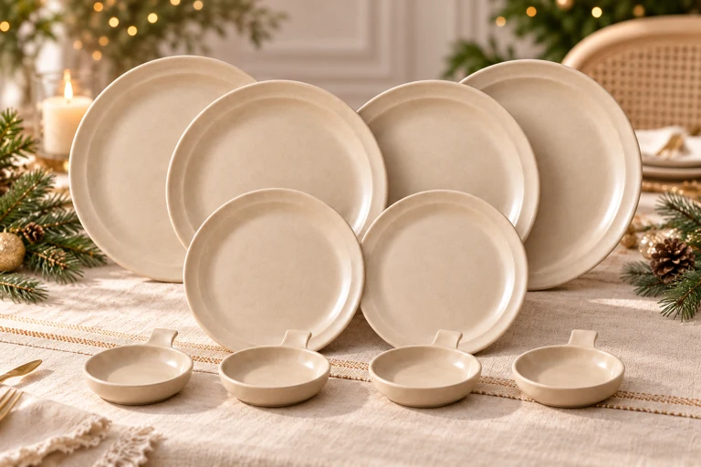 Styling concept: Speckled beige ten-piece dining set in a beige festive dining setting.