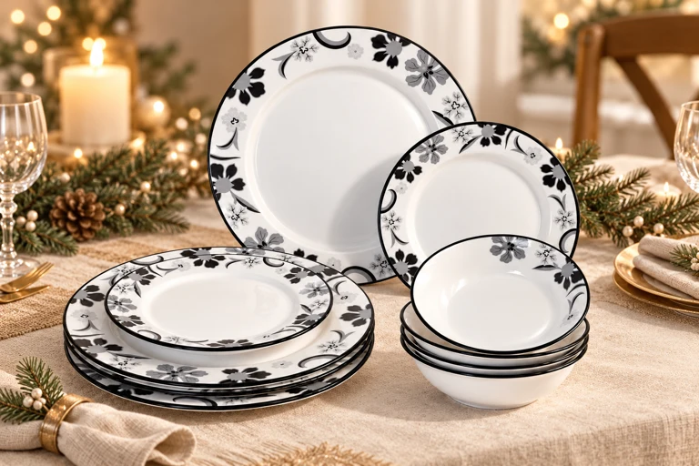 Styling concept: Monochrome floral ten-piece dining set in a beige festive dining setting.