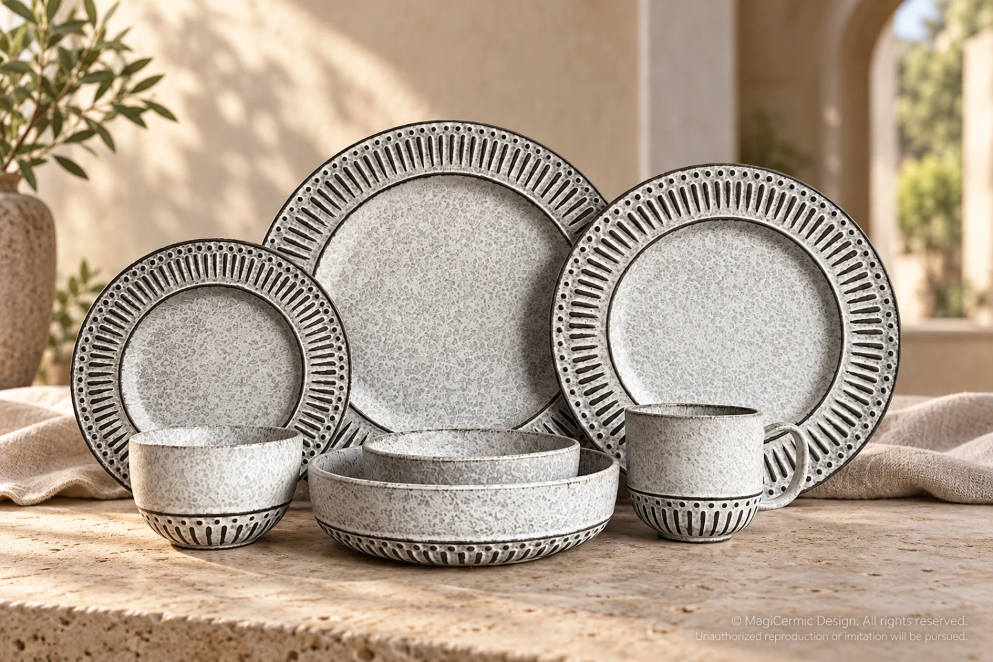 Styling concept of pale speckled ROMAN-TIC plates, bowls and a mug on a stone table