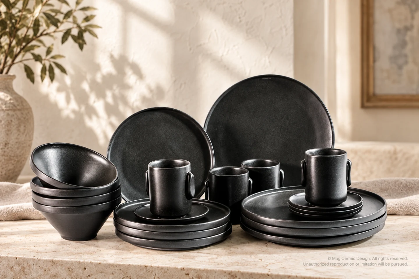 Styling concept showing the dark ANELLO collection on a limestone table