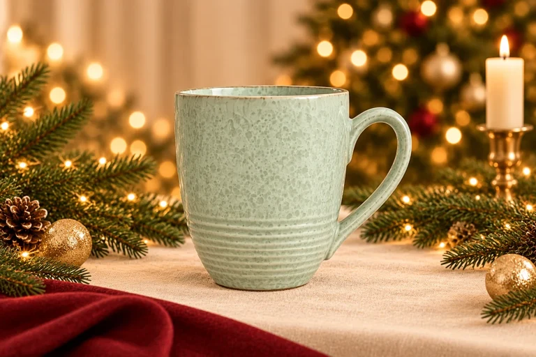 Christmas styling concept: 390 ml ceramic mug. Warm festive table setting; product details to confirm.