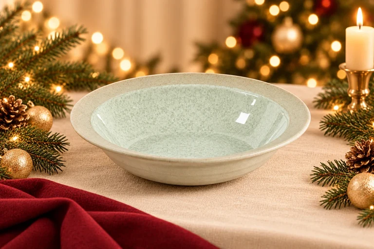 Christmas styling concept: Wide-rim pasta bowl. Warm festive table setting; product details to confirm.