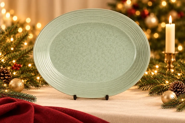 Christmas styling concept: Oval serving platter. Warm festive table setting; product details to confirm.