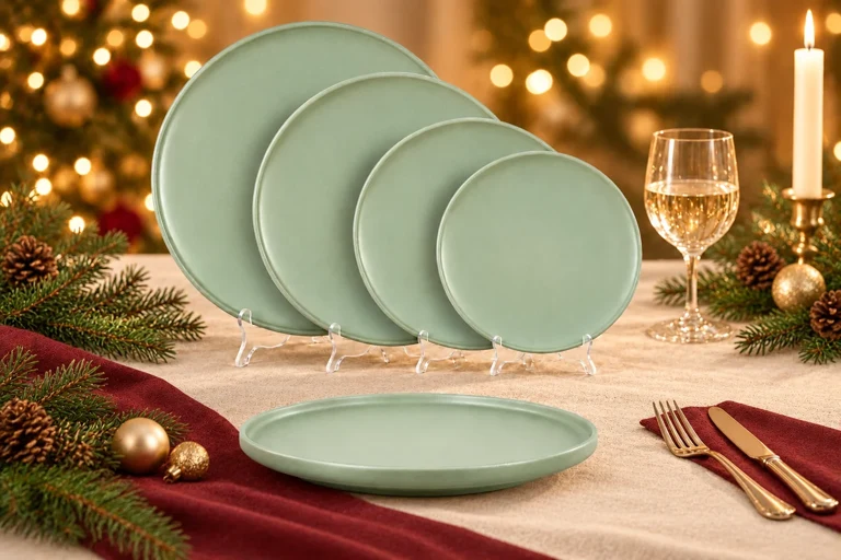 Christmas styling concept: Stacking plate collection. Warm festive table setting; product details to confirm.